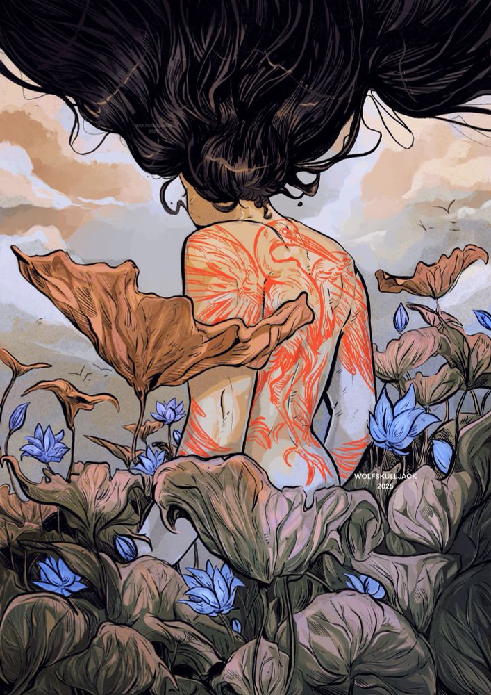 Digital art, my work. A tattooed women stands amongst strange Lillys  