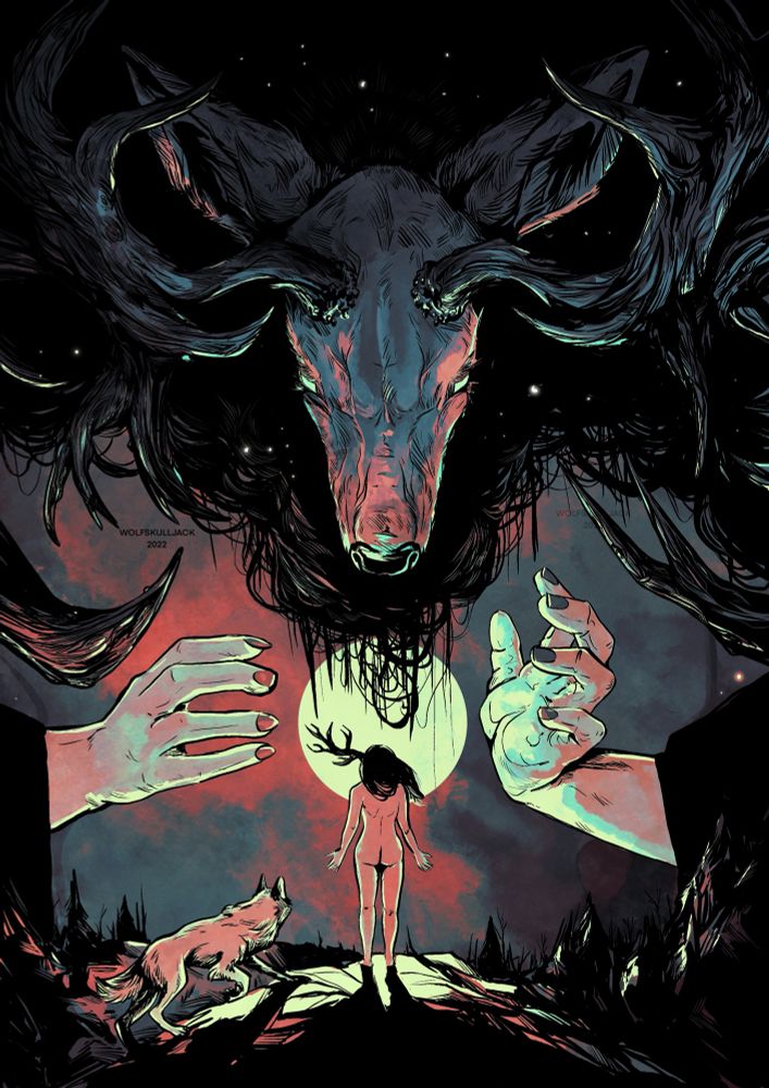 My art, digital. A women with a single antler and her wolf companion visit a great deer God of the nights sky 