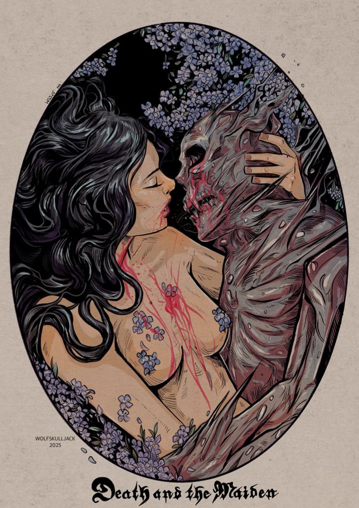 Digital drawing by me, a women embraces what looks like a male vampiric corpse. Inspired heavily by Nosferatu 