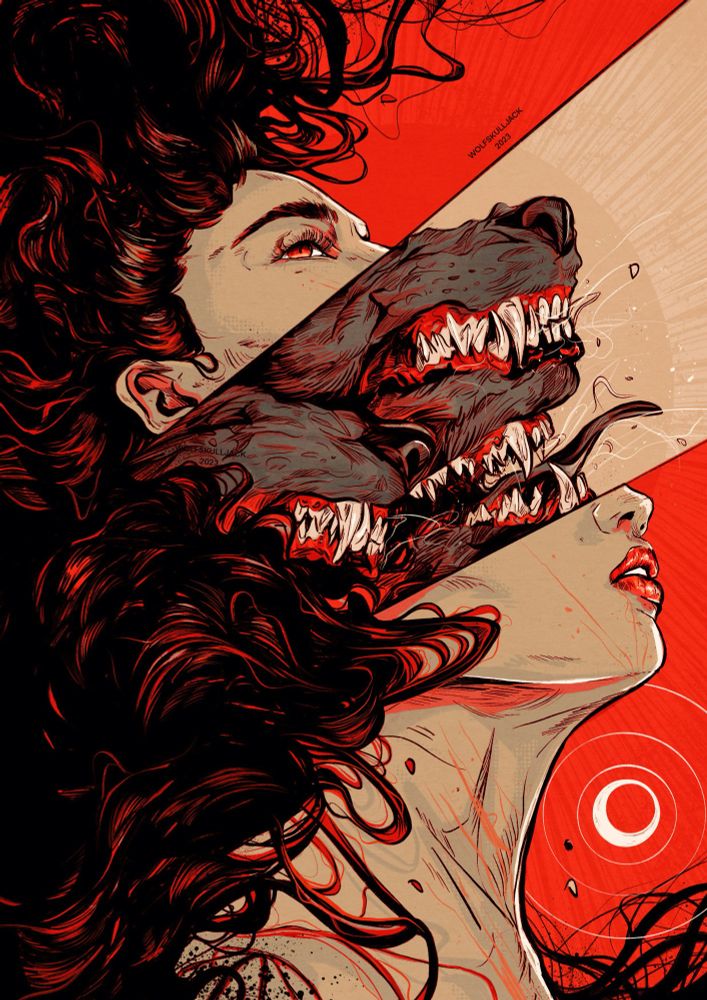 Digital art, my work. A comic/surreal style of a women’s face split with snarling wolf mouths snapping out of it