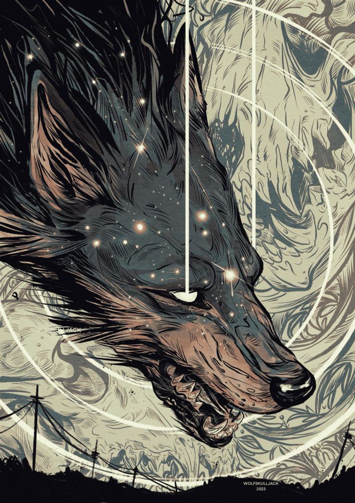 Digital illustration by me. A wolf’s head littered with stars and galaxies within. A spiral of time, skulls and plants are subtle in the background  