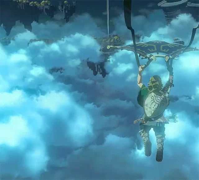 a video game character is flying through the clouds with a parachute
