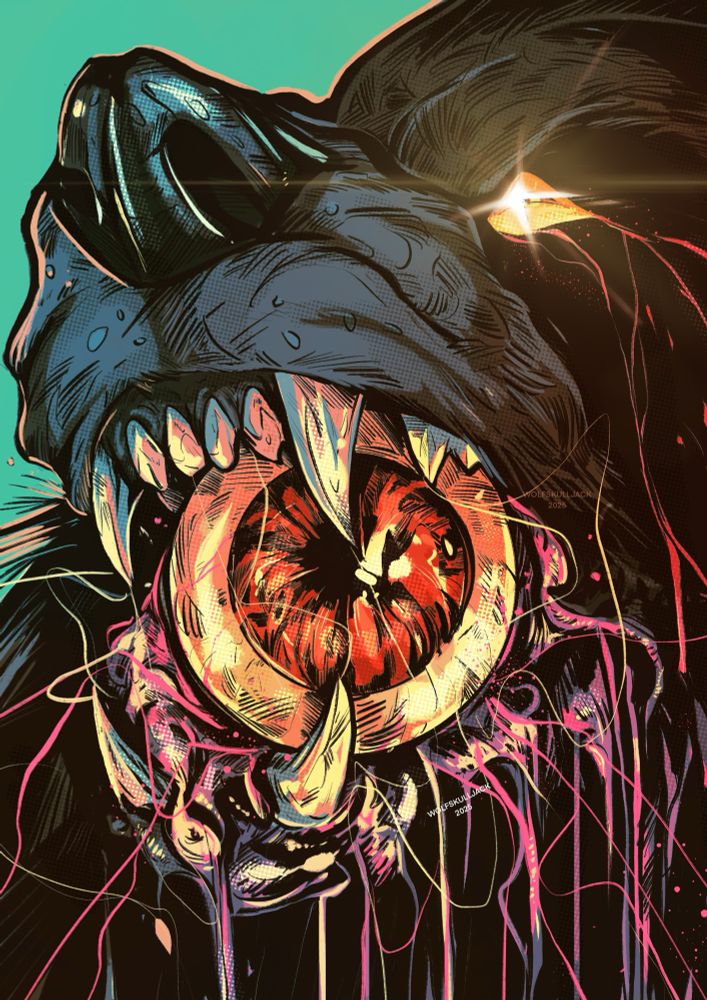 Digital drawing of a wolf chomping on an eyeball 