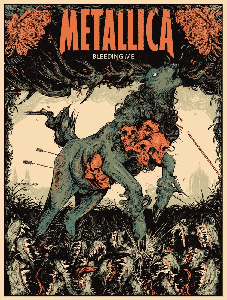 Poster for Metallica celebrating the song ‘Bleeding me’. A stag with skulls in its belly and neck tries to escape wolf mouths 