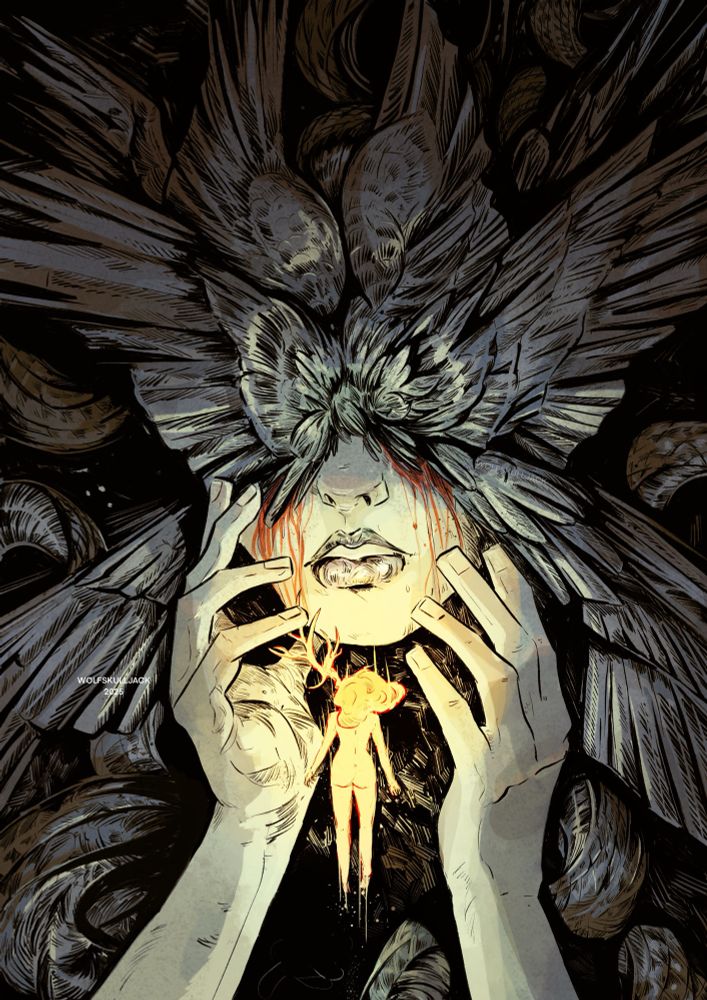 Digital art, my work. A glowing women with one antler floats in the hands of a giant wing faced goddess 