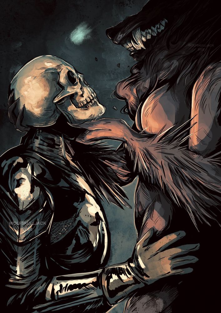 Digital drawing by me, a knight with a skull for a face is being held by a female werewolf. He seems cool with it. 