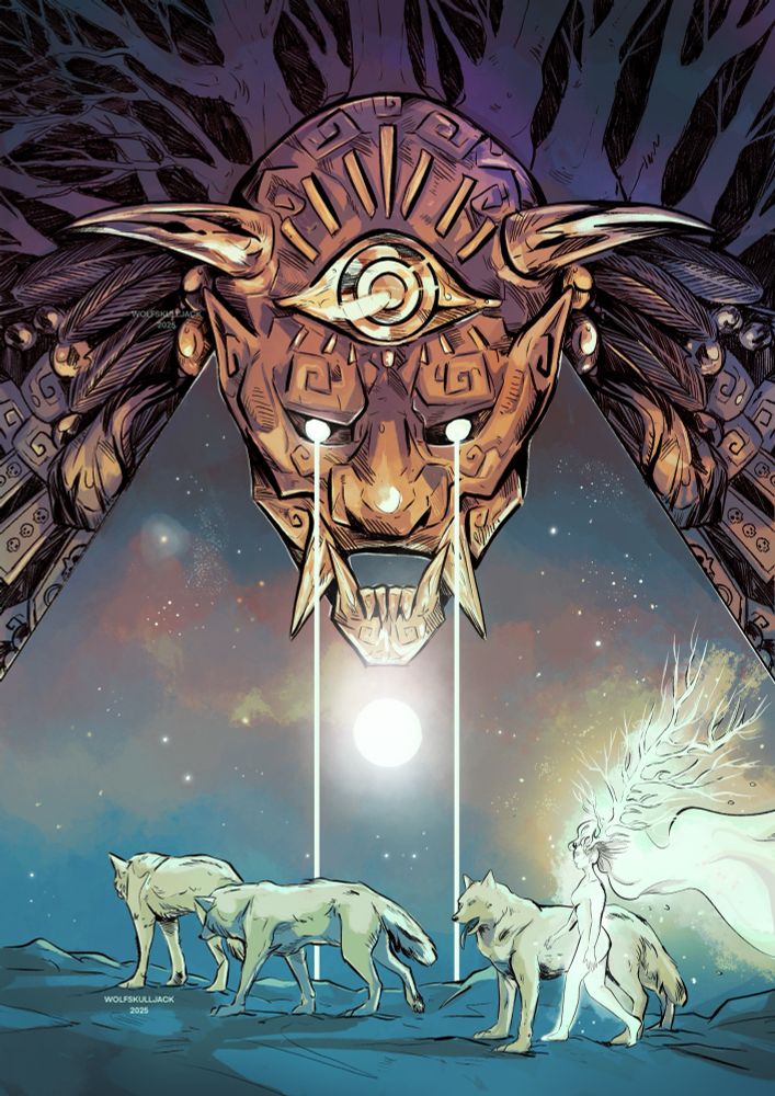 My art, digital. A masked god looks down at 3 wolves and a nature god (a glowing women with a single antler)
