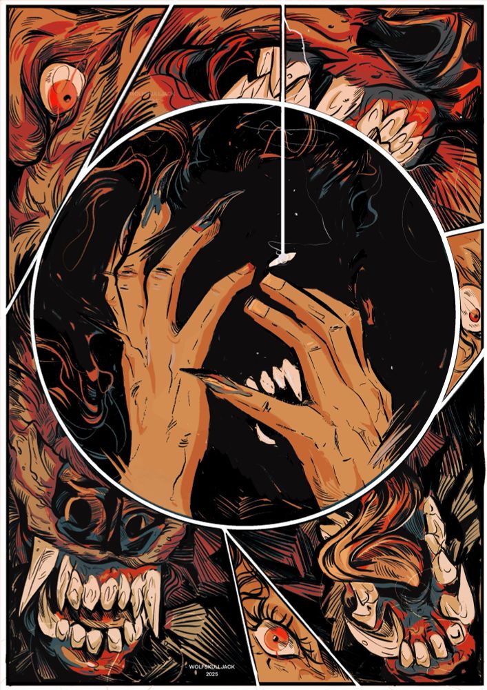 My art, digital. Comic page style, human and wolf shapeshifting 
