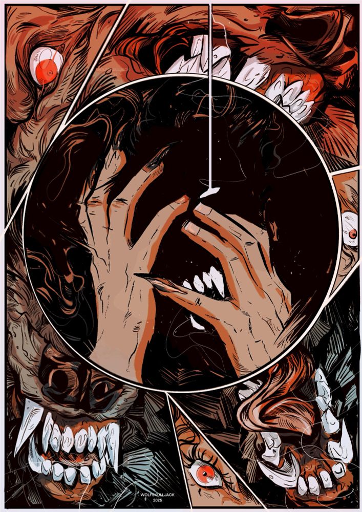 My art, digital. Comic style page of a women shapeshifting into a werewolf 