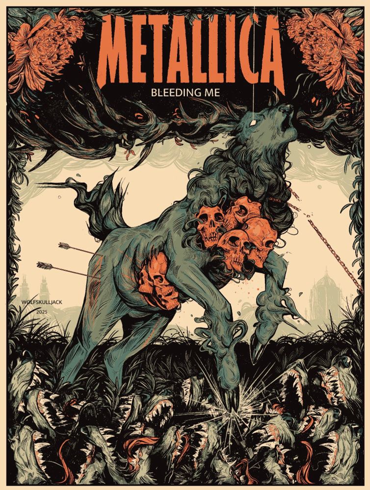 My art, Metallica poster. A stag with human skulls in its body is being chomped at by wolf mouths 