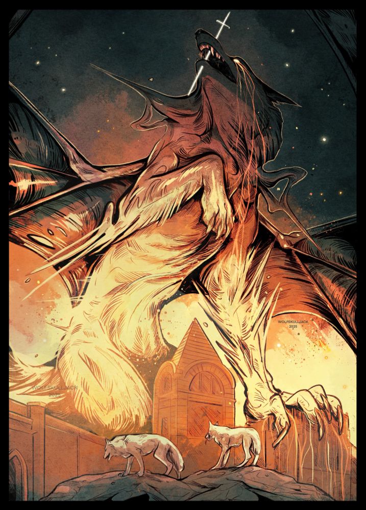 Digital drawing, my art. A giant bat winged wolf destroys a city. He has a glowing sword through his snout 