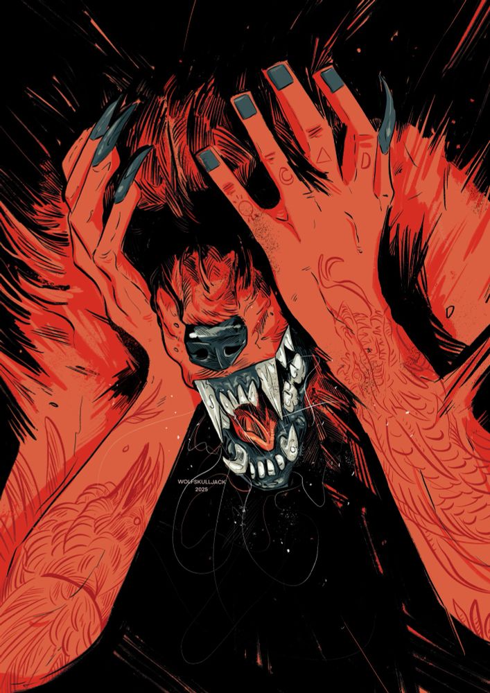 My art, digital. A werewolf mid transformation 