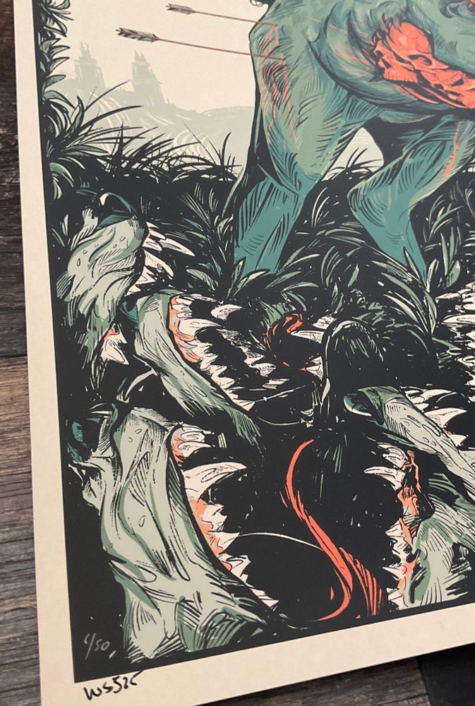 Close up of a poster, wolf mouths 