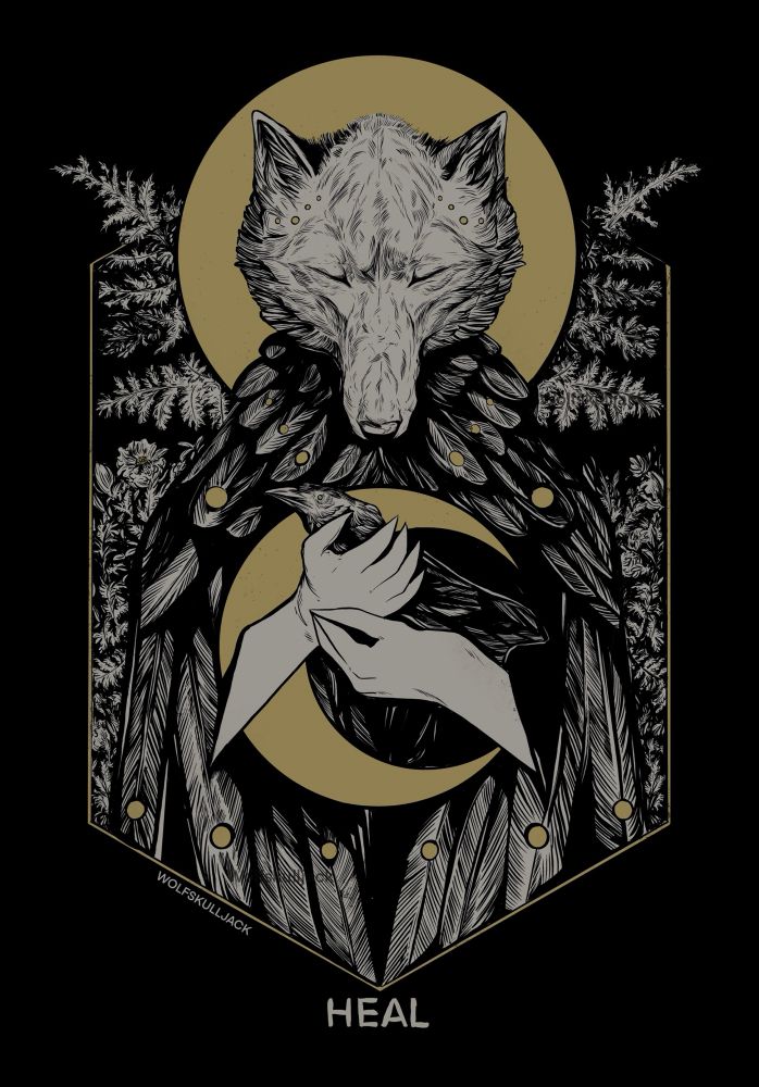 My art, digital. A wolf headed mage holds a crow 