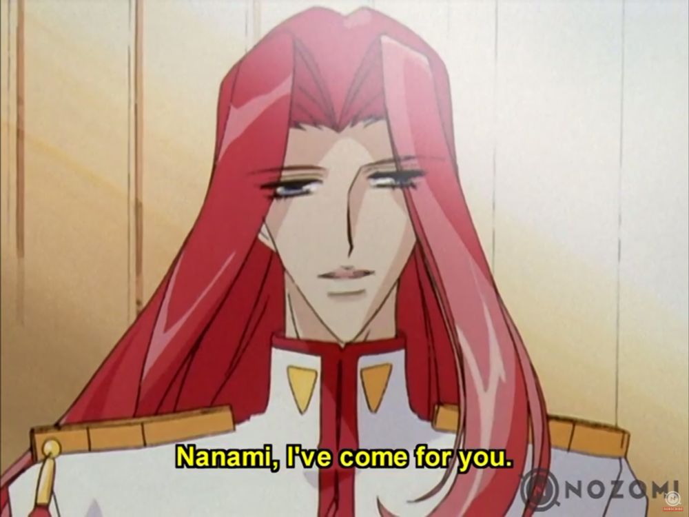 screenshot from Utena, a closeup of Touga’s face that looks hilariously derpy. “Nanami, I’ve come for you” he says