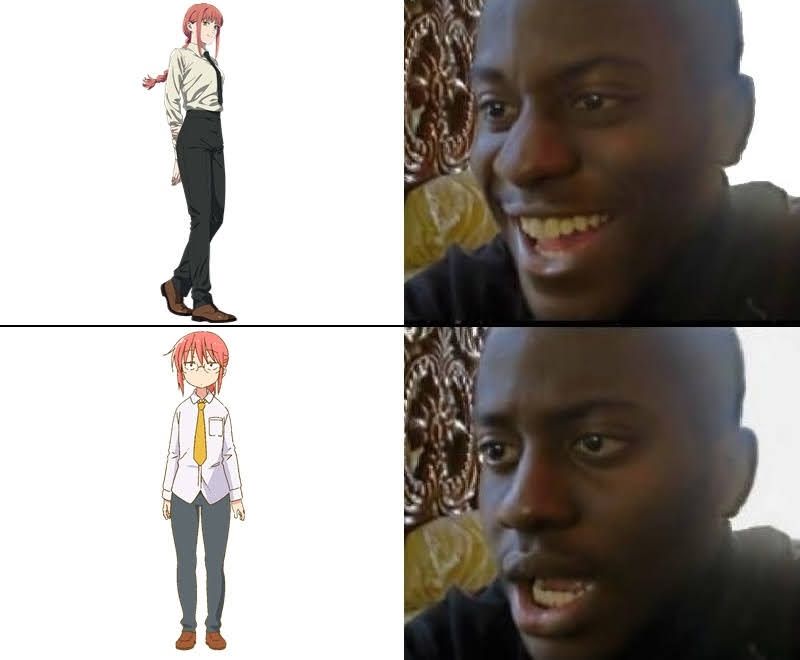Homem se frustra ao perceber que a Kobayashi de maid dragon é parecida com a Makima de Chainsaw Man - meme formato de 4 slides 1ª foto feliz , 2ª foto triste.