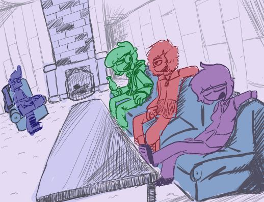 The cast of Soulsign from left to right:
Paul, Theo, Riley, and River. They're all sitting around and hanging out. Theo is drinking and River is sleeping.