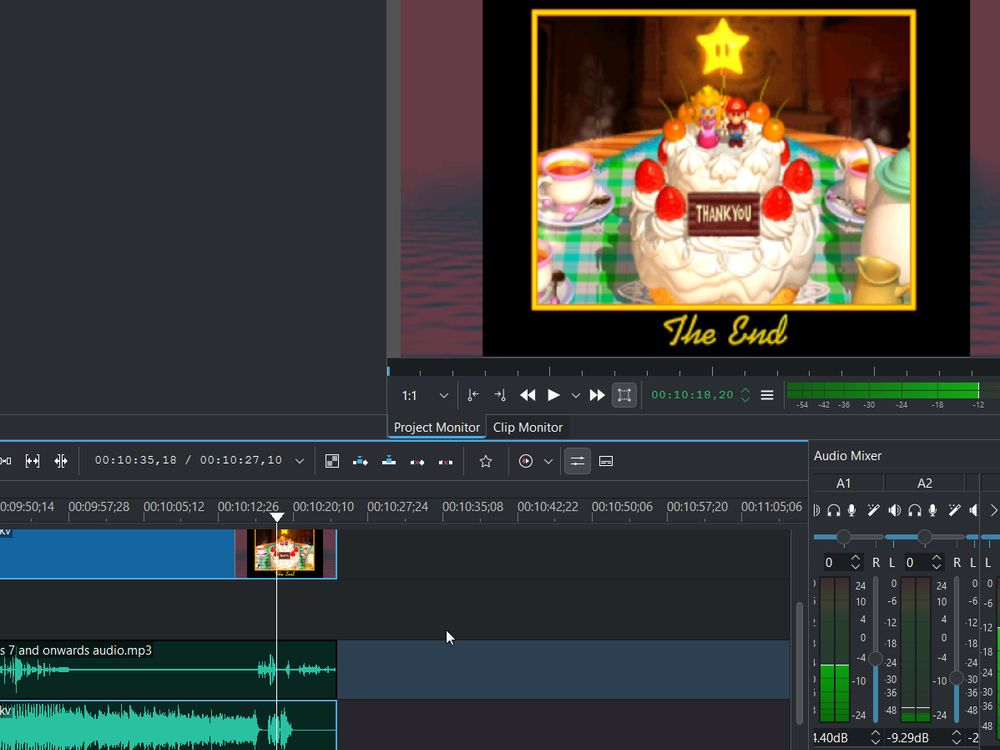 Screenshot of Kdenlive, an editing software, showcasing the end of my Super Mario 64 Let's Play.