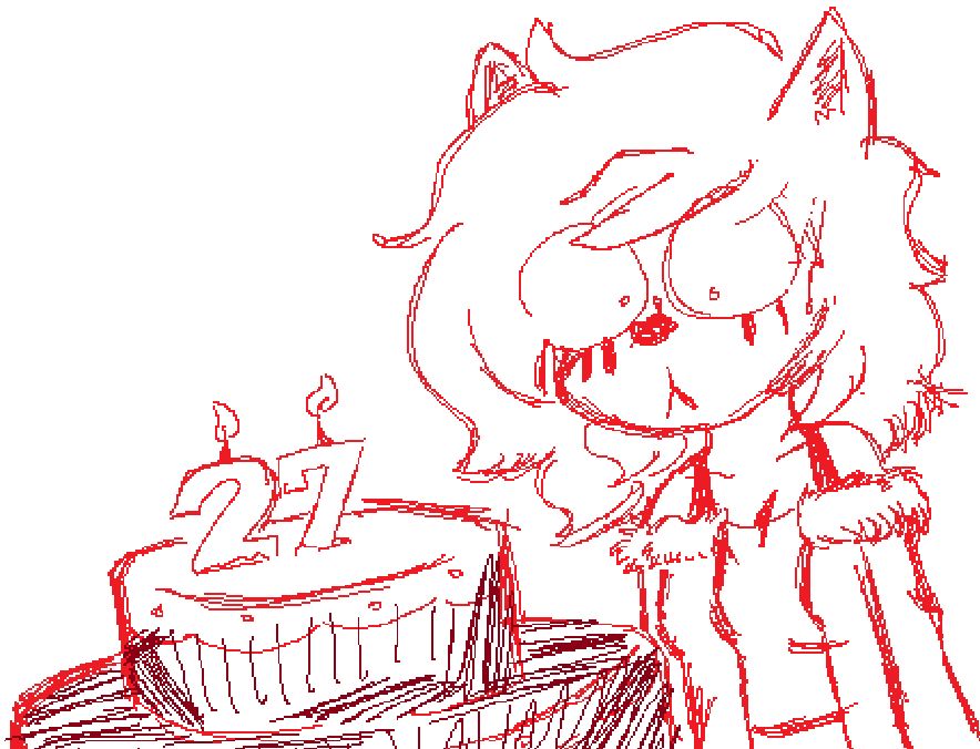 maddblamma staring at a birthday cake with candles that indicate her age as 27