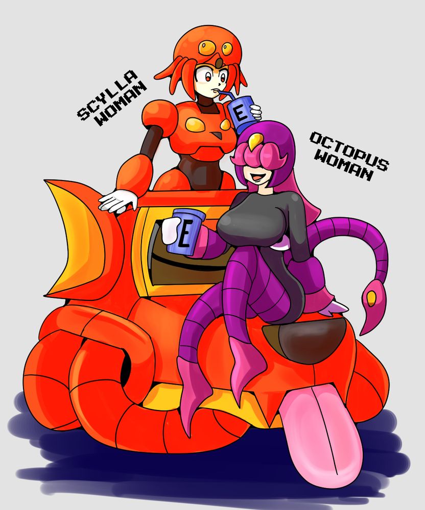 Two Mega Man OCs, Octopus Woman, a purple female robot sitting on the dog part of Scylla Woman, a red female robot whose lover body is a large dog head with tentacles.