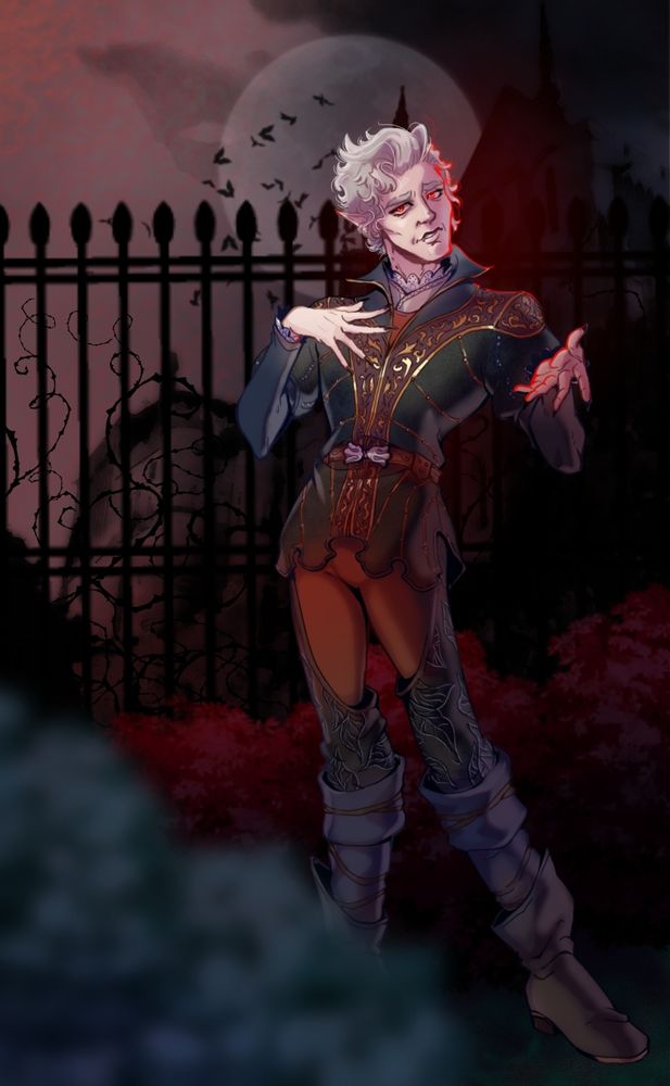 A night time scene of Astarion standing in front of an iron fence with a castle in the background. He is offering the viewer his hand with open palm.