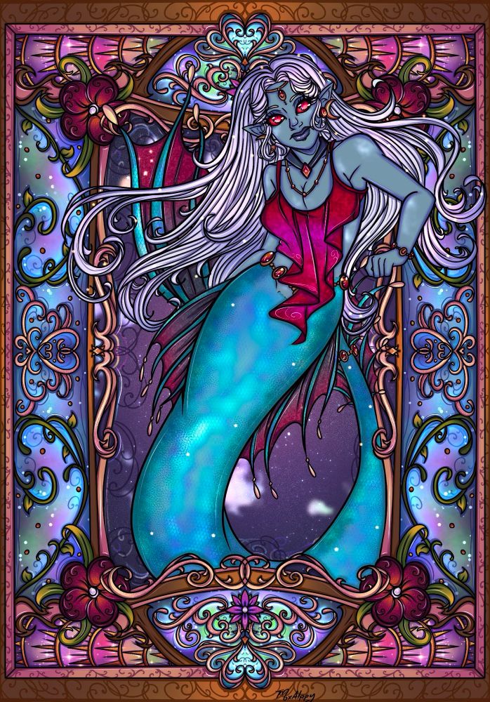 Drawing of a siren with long, white hair. She has red eyes and grayish-blue toned skin. Her tail consists of multiple blue colors. The fins on her tail go from a dark blue to a pretty dark red. The intricate border around her is made up of golden swirls and light effects.