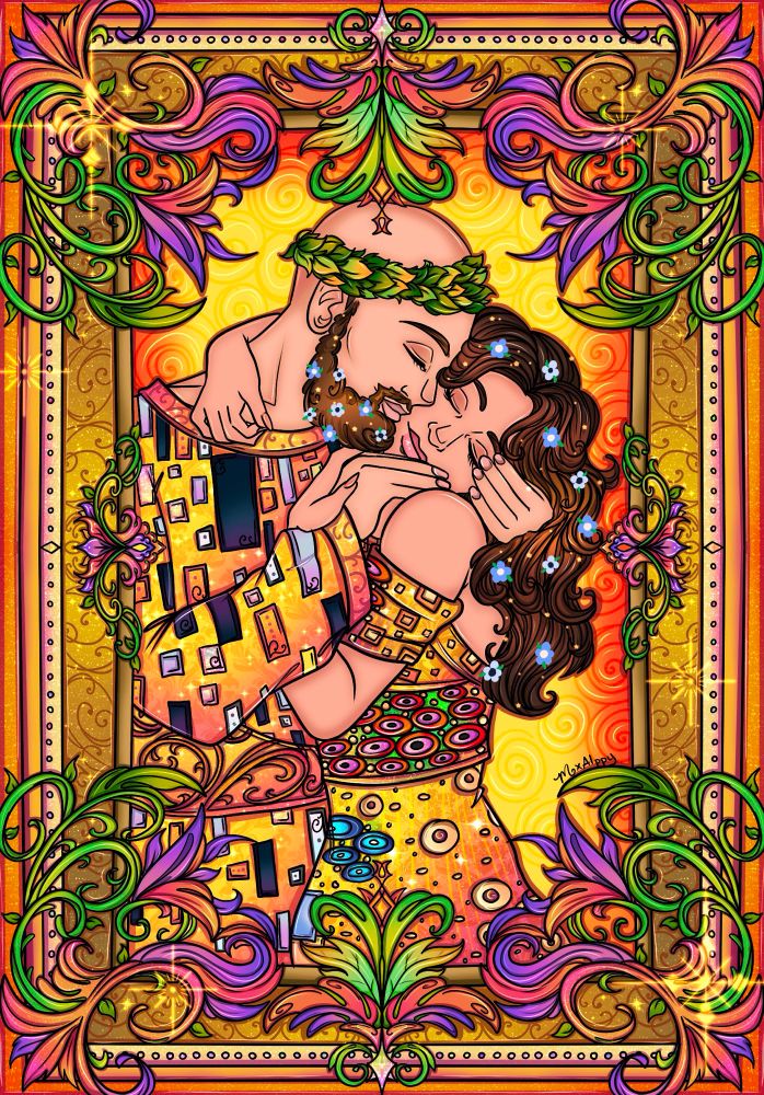 A commission based off of the kiss by gustav klimt. It’s mostly colored in different shades of yellow, gold, and green.