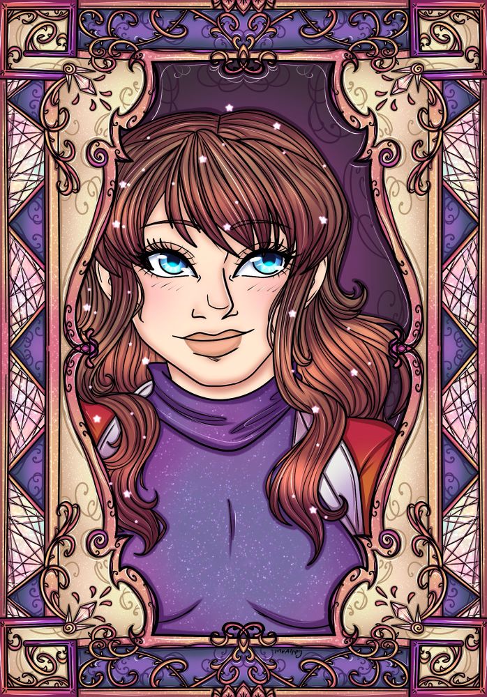 Portrait of a woman with brown hair and blue eyes. She has on a purple sweater that with a red jacket. The border is colored beige with dark gold linings and stained glass.