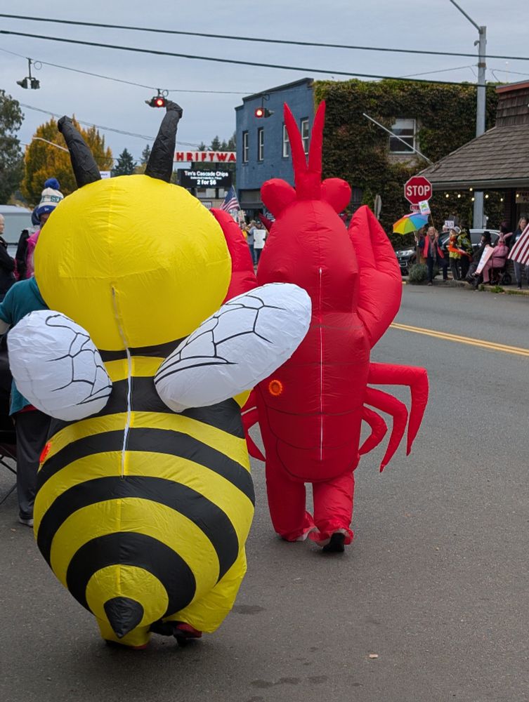 Anti fascist demonstrators dressed as a bumble bee and a lobster.