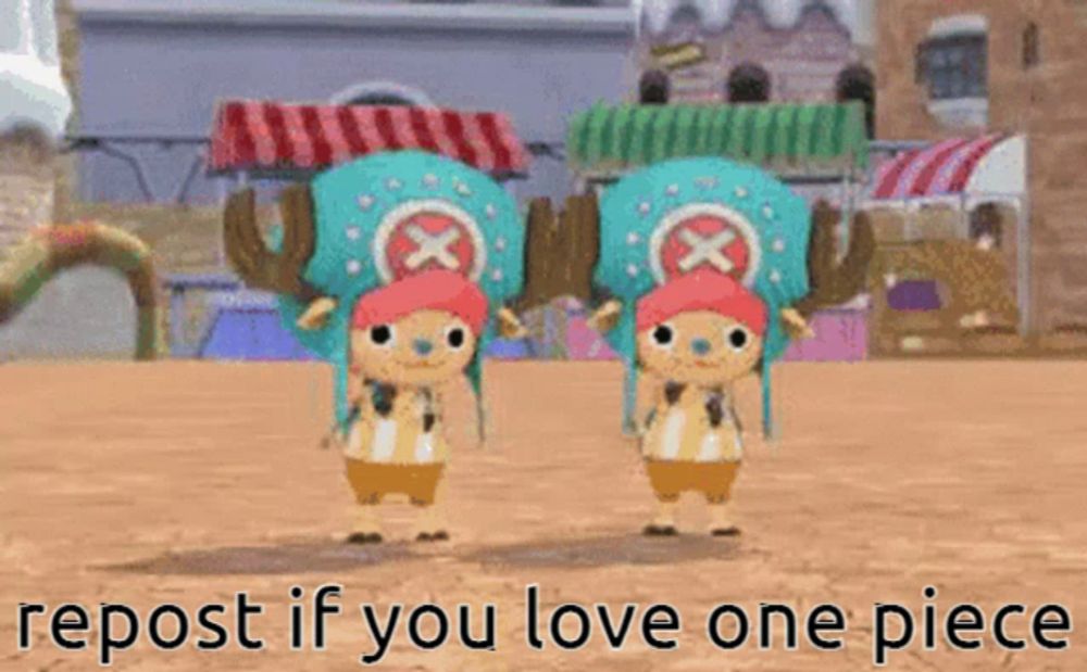 two tony tony chopper cartoon characters standing next to each other with the words " repost if you love one piece "