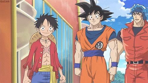 goku and luffy are standing next to each other in a cartoon