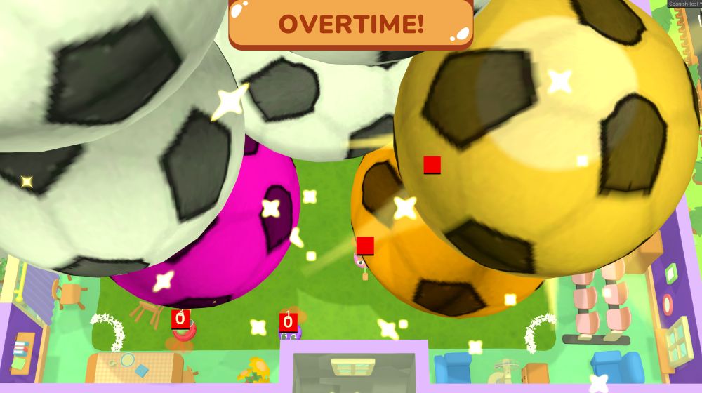 A chaotic scene from a colorful game showing giant soccer balls (white, yellow, and pink) overflowing inside a small house. The word "OVERTIME!" appears at the top, while tiny characters and furniture are overwhelmed by the oversized balls.