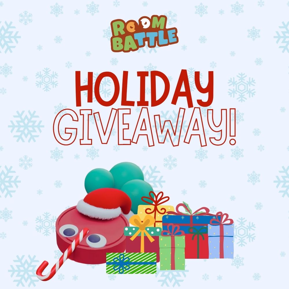 Holiday-themed promotional image for Roombattle featuring the game's logo at the top, the text 'Holiday Giveaway!' in bold red and white letters in the center, a festive character resembling a robotic figure wearing a Santa hat and holding a candy cane, and a stack of colorful wrapped gift boxes on a light blue background with snowflake pattern