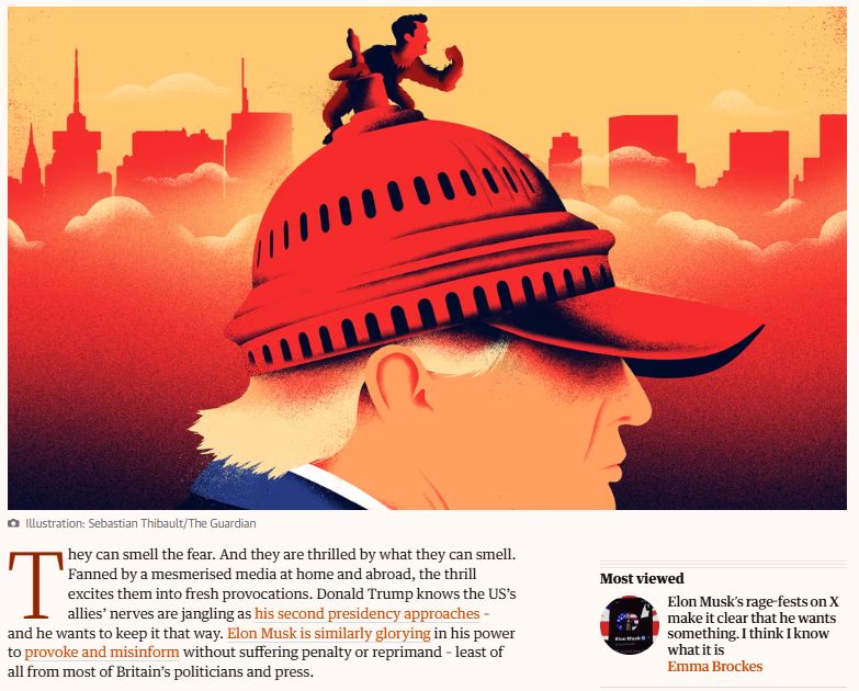 The illustration portrays a bellicose Elon Musk riding on the head of Donald Trump who wears The United States Capitol rotunda as a MAGA hat.  Illustration: Sebastian Thibault/The Guardian