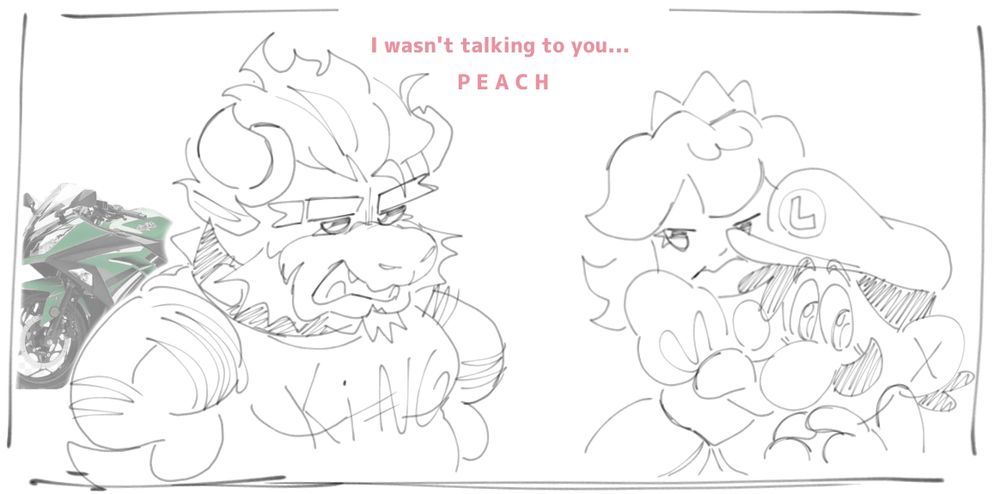 Bowser responding to Princess Peach after she thought the request was for her, and Luigi is embarrassed next to her 