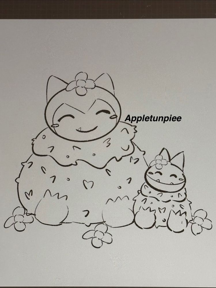 WIP of mosslax from pokopia with a munchlax in a similar style