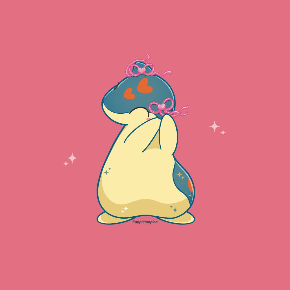 Quilava wearing 2 pink bows on its ears. It is holding one ear with its arms.