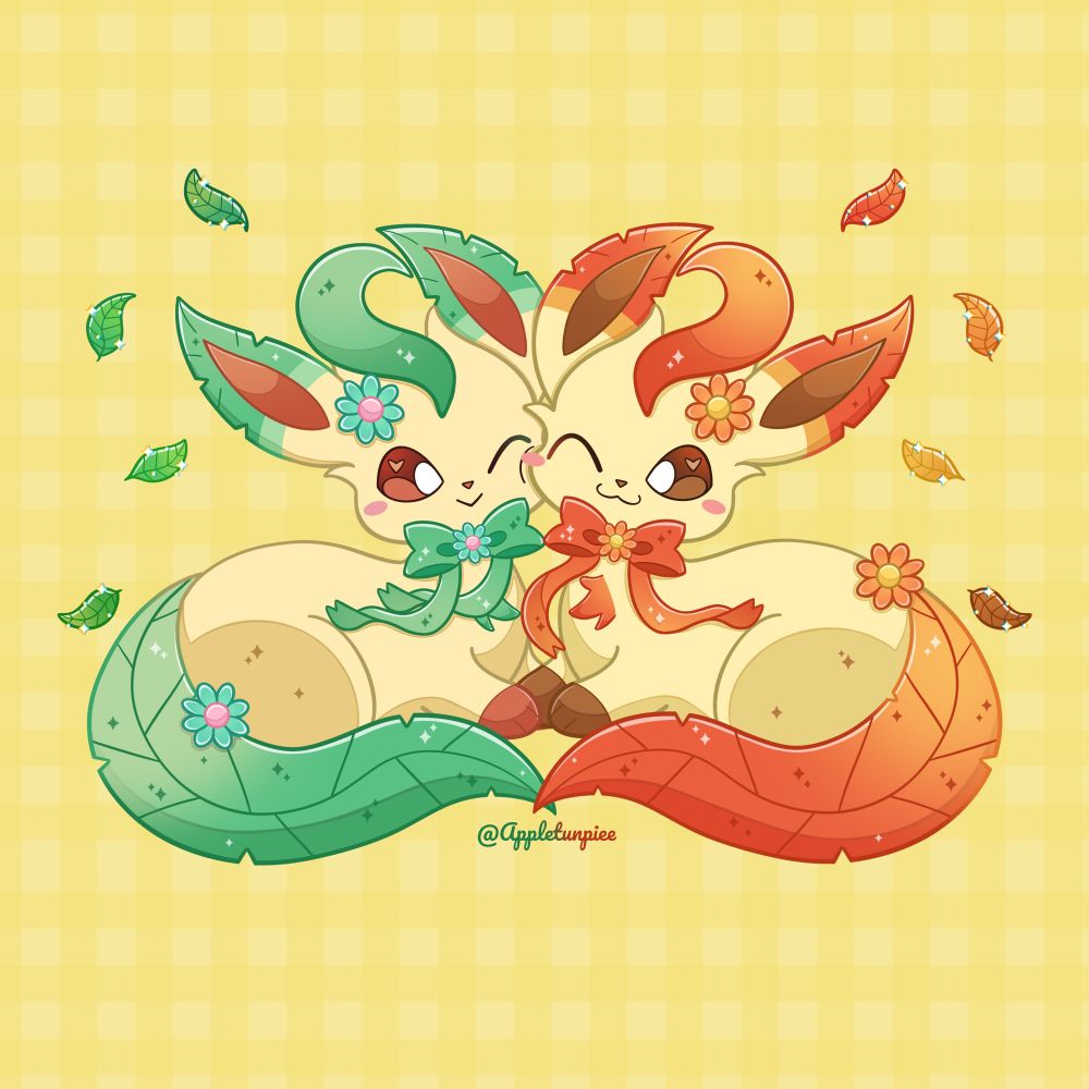 Drawing of leafeon (left) and an autumn colored leafeon (right). They both are wearing bows and flowers that match their leaf colors.