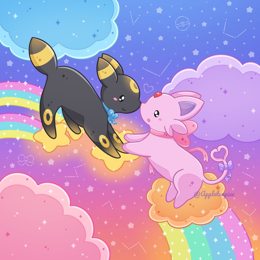 Drawing of umbreon standing on stars booping its nose with espeon who is on a cloud with a rainbow coming out of it. They are both wearing bows and the background is filled with clouds, stars, and constellations.
