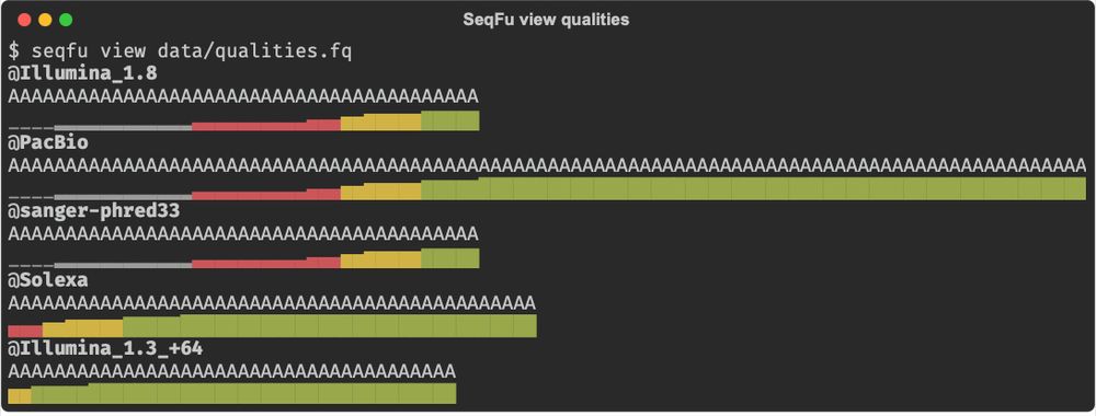 Screenshot of the linux terminal running "seqfu view"