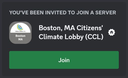 Invitation to join the Boston Massachusetts Citizens' Climate Lobby Discord server.