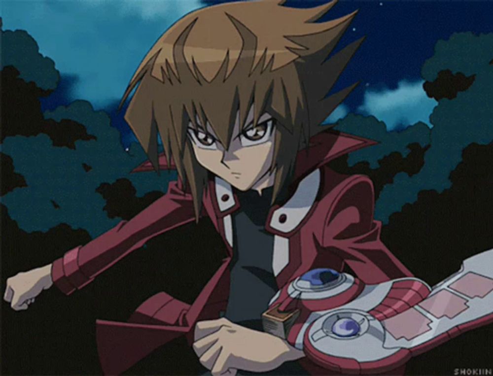 a boy in a red jacket is holding a sword and a card with the word shokunin on the bottom right