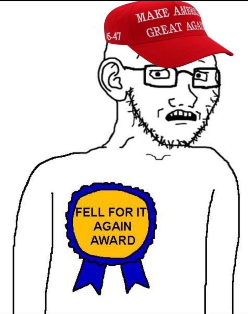 Wojak comic of a guy wearing a maga hat with a "fell for it again" award pinned to his chest
