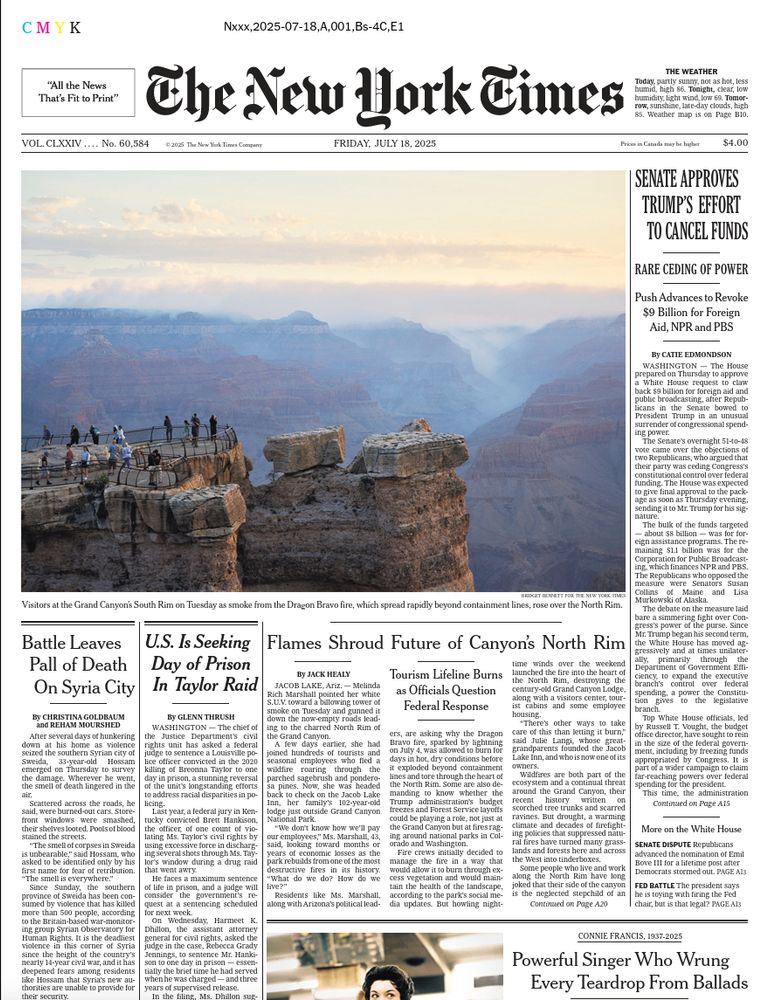 the print front page of the new york times on july 18, 2025