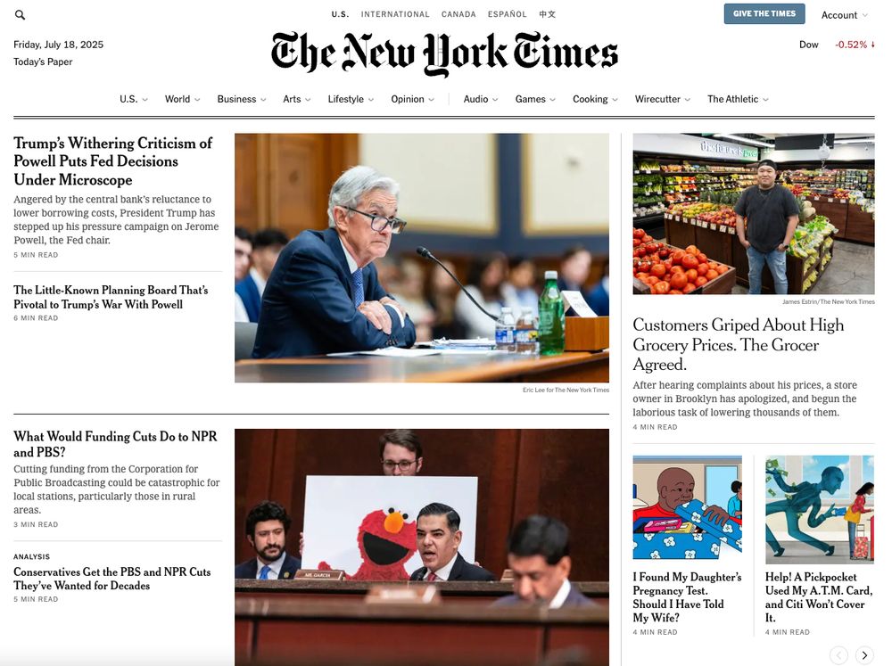 the current new york times website as of 2pm EDT on july 18, 2025