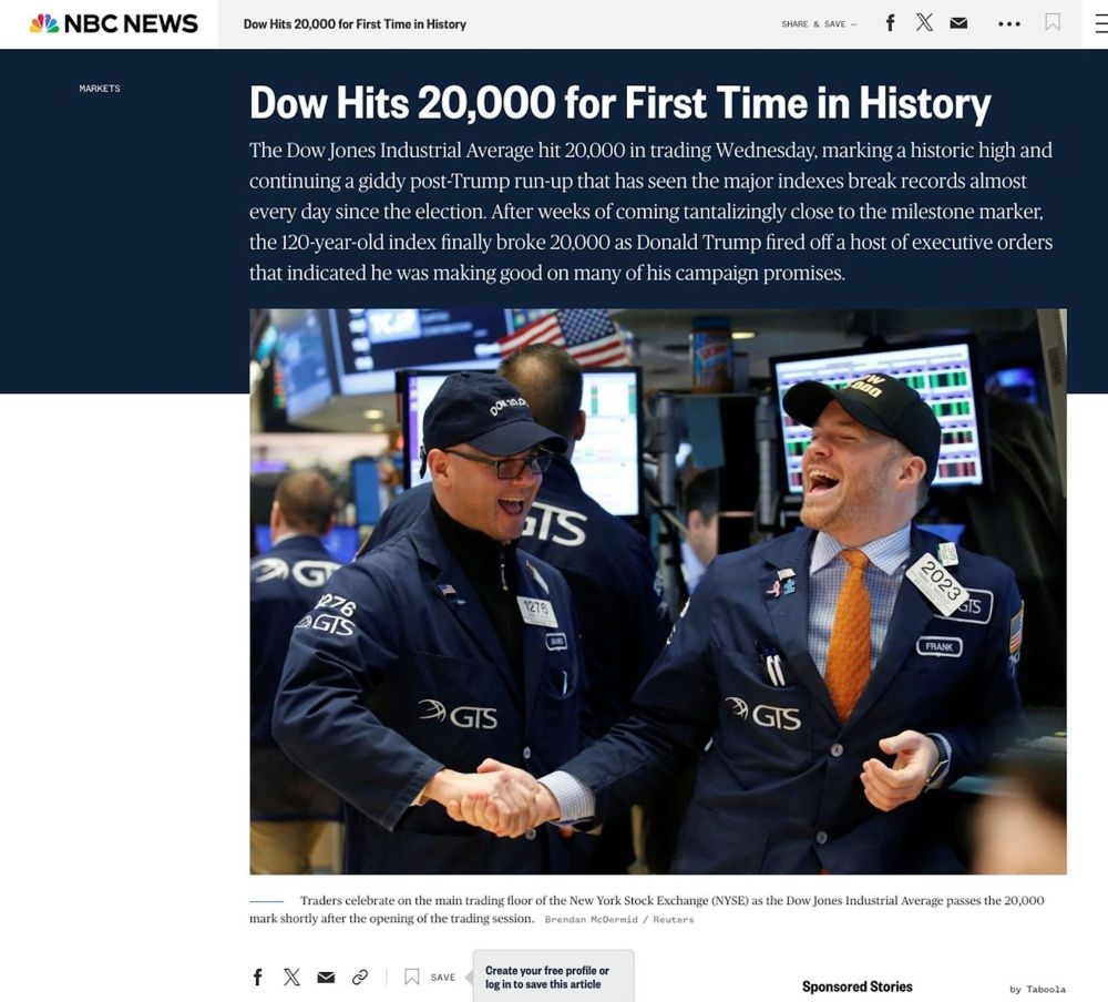NBC NEWSDow Hits 20,000 for First Time in HistorySHARE & SAVE -fXMARKETSDow Hits 20,000 for First Time in HistoryThe Dow Jones Industrial Average hit 20,000 in trading Wednesday, marking a historic high and continuing a giddy post-Trump run-up that has seen the major indexes break records almost every day since the election. After weeks of coming tantalizingly close to the milestone marker, the 120-year-old index finally broke 20,000 as Donald Trump fired off a host of executive orders that indicated he was making good on many of his campaign promises.Traders celebrate on the main trading floor of the New York Stock Exchange (NYSE) as the Dow Jones Industrial Average passes the 20,000 mark shortly after the opening of the trading session.