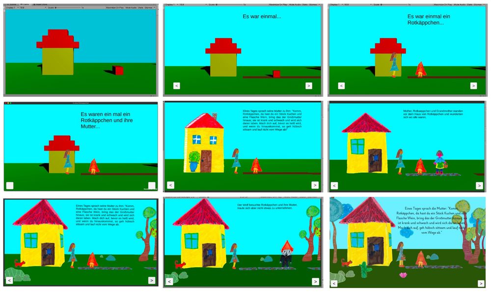 9 pictures from the development process of the game "In etwa Rotkäppchen". All images show the same scene of the game in different versions, from the first blockout to the final version.