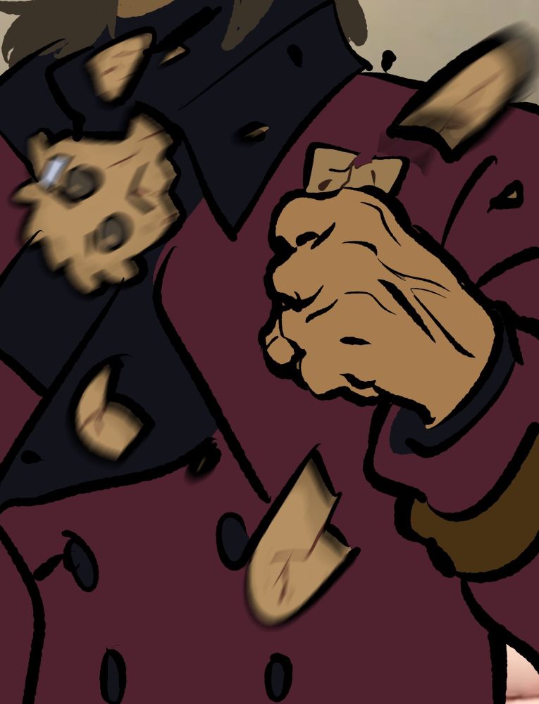 similar to the last picture but zoomed in. shinjiro clenches his fist so tightly the veins on the back of his hand are popping, and the akihiko cookie is split into several pieces flying across the image. he is pissed after all