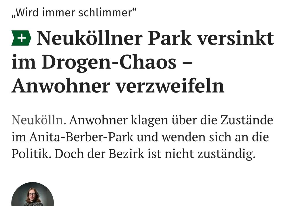 Screenshot von Zeitungsüberschrift https://www.morgenpost.de/bezirke/neukoelln/article410011436/neukoellner-park-versinkt-im-drogen-chaos-anwohner-verzweifeln.html