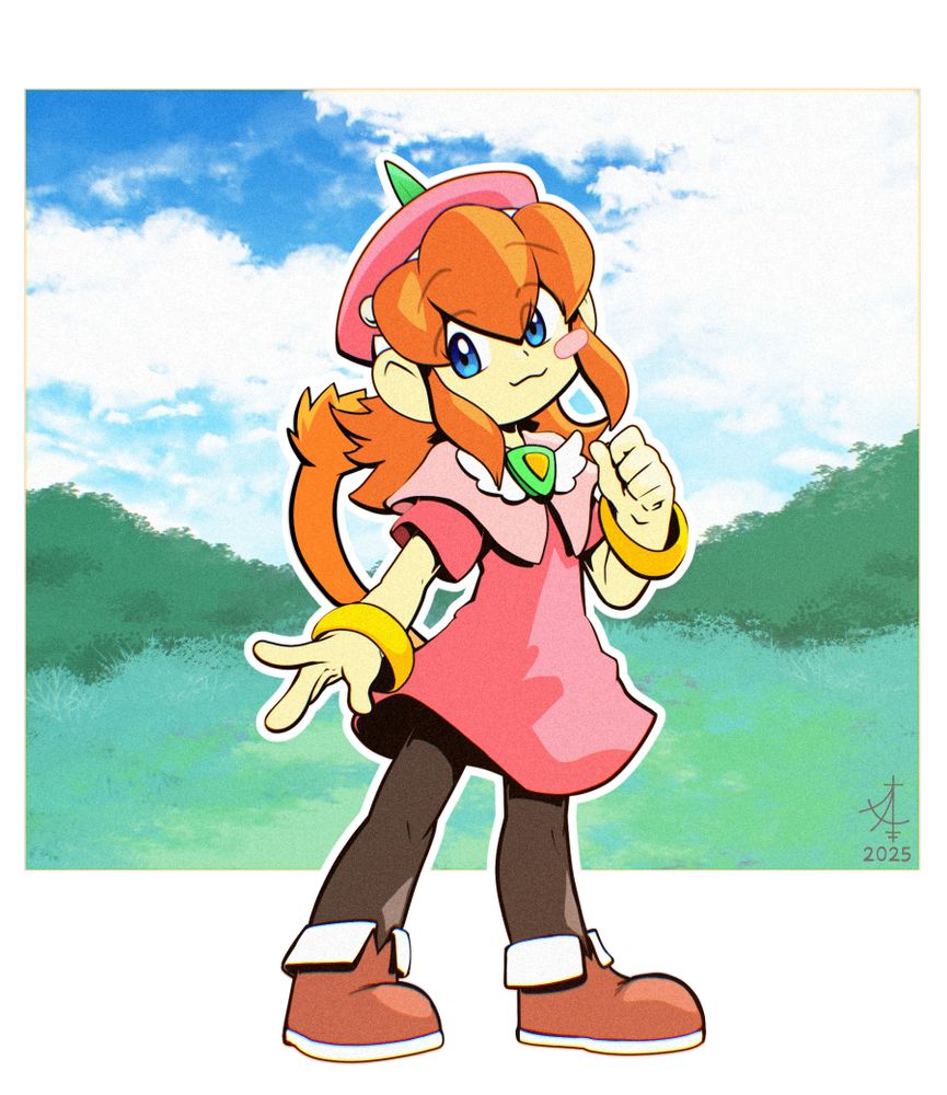 A digital drawing of Lolo, she is standing facing to the right, looking to the viewer and smiling. she's holding her closed left hand up to her chest. the background is a mid day sky with clouds on a field with trees in the distance. she is popped out of the back ground.